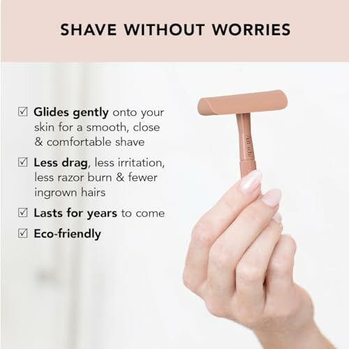 Hand holding an eco-friendly razor with benefits listed.