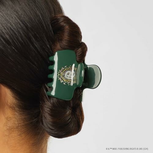 Woman's hair styled with a green decorative hair clip.