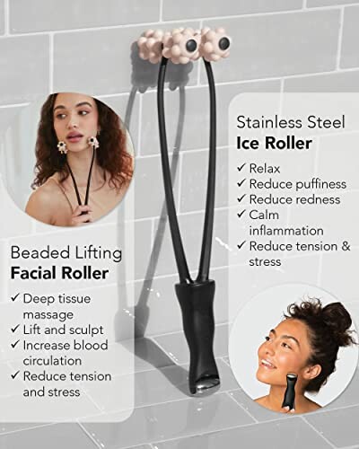 Woman using a stainless steel ice roller and beaded lifting facial roller for massage and skincare benefits.