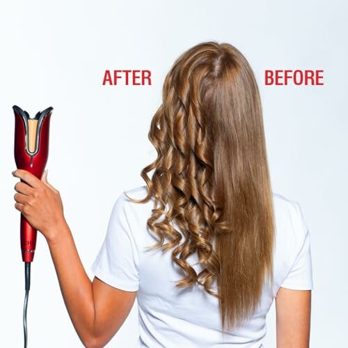 Woman showing hair curling results with curler, before and after comparison