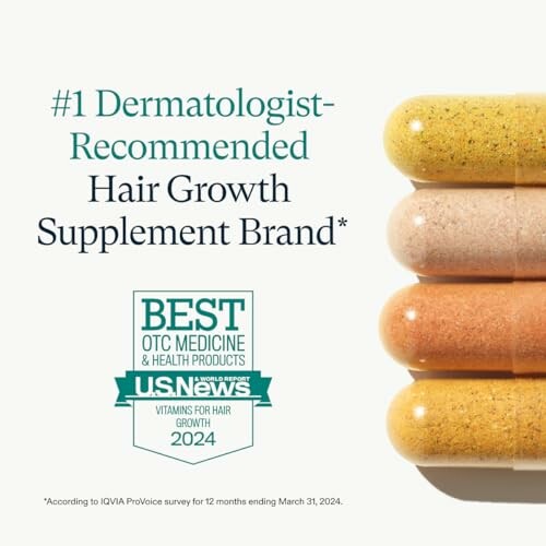 Hair growth supplement with capsules and dermatologist recommendation.