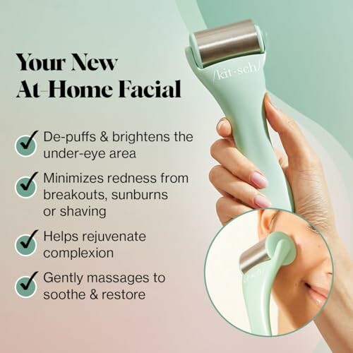 Hand holding a jade roller for at-home facial with benefits listed.