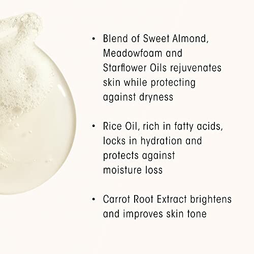 Skincare oil benefits with ingredients and effects listed.